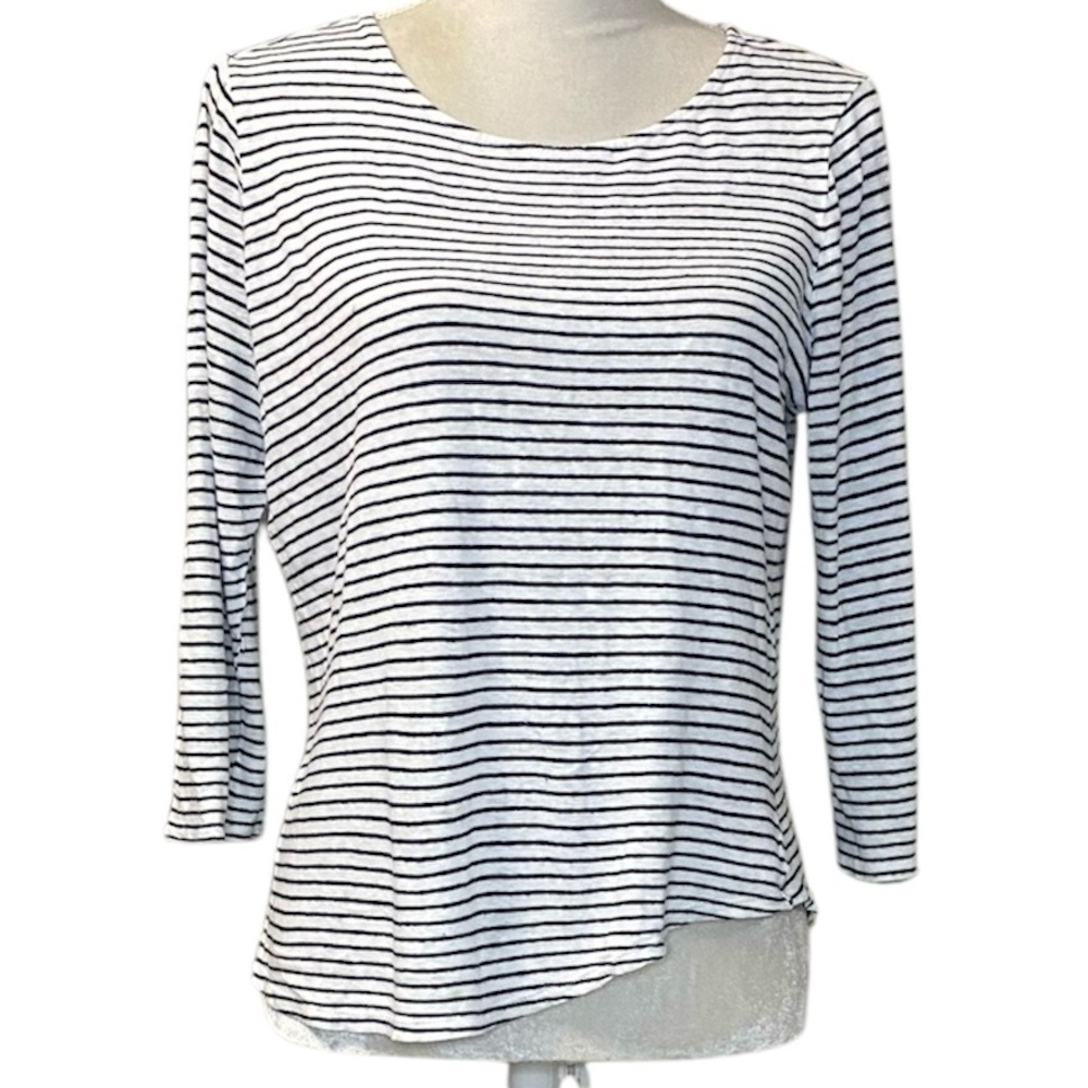 Chicos Womens White Navy Blue Pinstripe Stripe 3/4 Sleeve Shirt Gold Button Sz M